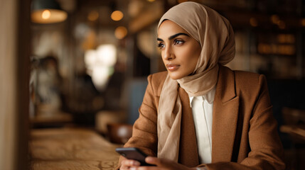 Businesswoman in hijab holding smartphone in cozy cafe setting.