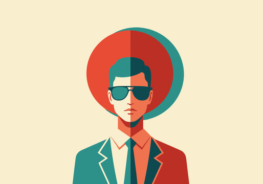 Retro minimalist portrait of a stylish man in sunglasses and suit