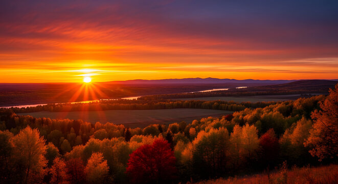 Stunning sunrise over autumn forest landscape, vibrant golden light illuminating trees, creating a peaceful and scenic view, perfect for travel and nature themes