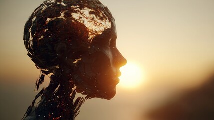 Digital human head profile composed of fragmented geometric elements, set against a sunset background. The head’s structure reveals internal network-like patterns