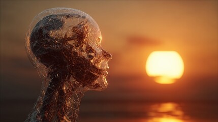 Human head profile composed of translucent digital mesh, set against sunset backdrop. The structure reveals internal network patterns, blending organic form with technological elements