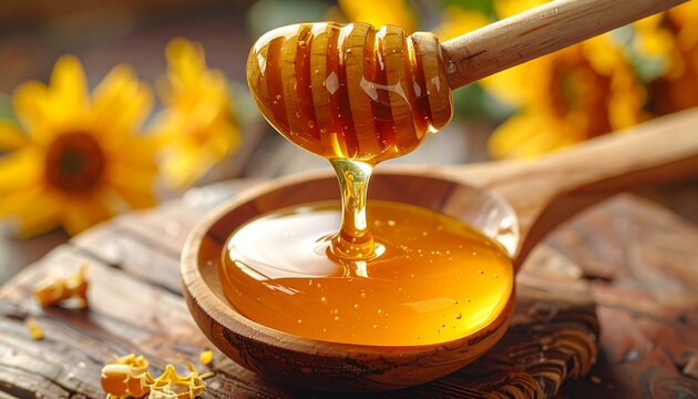 Close-up of golden, viscous liquid dripping from a wooden honey dipper into a wooden scoop, with blurred background flowers - Powered by Adobe