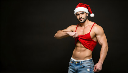 Sexy Shirtless Mascular  Santa - Gym with man with muscles and red hat for christmas