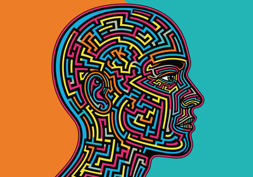 Colorful maze patterned human profile on vibrant split background