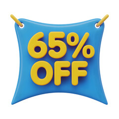 65_ sale Off Banner 3d icon in cartoon plastic style minimal isolated on transparent white background, clipping path