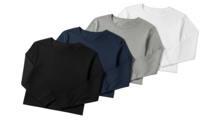 Four long sleeve tshirts in different colors isolated on transparent background