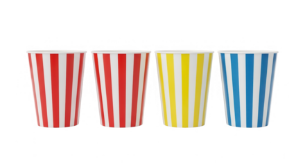 Four striped paper cups in red, yellow, and blue isolated on transparent background