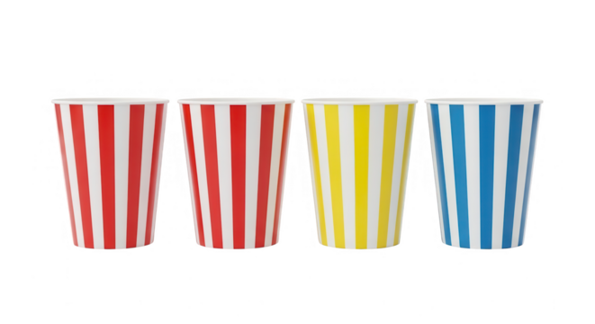 Four striped paper cups in red, yellow, and blue isolated on transparent background