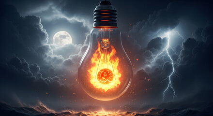 Igniting innovation a lightbulb filled with fiery energy set against a stormy night sky, symbolizing bright ideas and groundbreaking solutions, a powerful concept