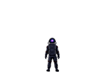 Astronaut standing in the darkness with purple light