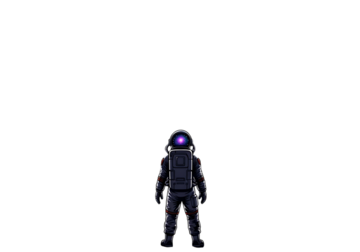 Astronaut standing in the darkness with purple light