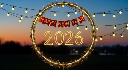 Oval shaped decoration with happy new year banner and 2026 numbers illuminated by string lights isolated on white background