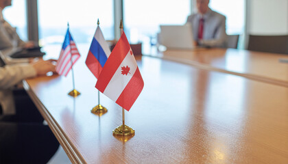 Strategic peace dialogue meeting with small flags on conference table showing international cooperation and diplomacy