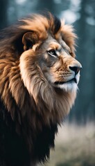 Fototapeta premium Majestic lion resting regally on a rock, radiating power and strength in the golden sunlight, perfect for wildlife documentaries, conservation campaigns, lion closeup face shot 