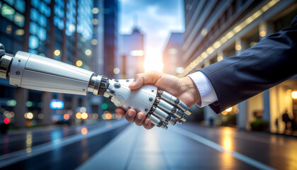Strategic handshake between human and robot in cityscape symbolizes peace and dialogue for future technology collaboration