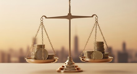 Antique brass balance scale weighing stacks of gold coins isolated on white background
