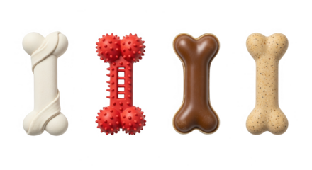 Four different dog chew toys shaped like bones isolated on transparent background