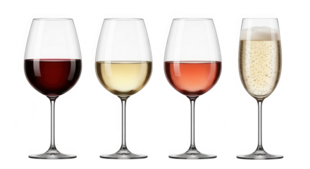 Four wine glasses with red, white, rose, and sparkling wine isolated on transparent background