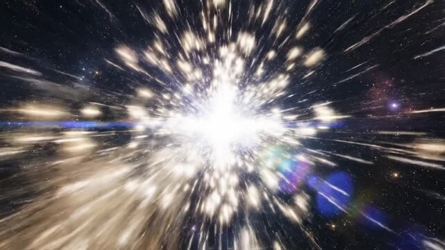 Abstract digital space travel animation with glowing light effects and celestial background