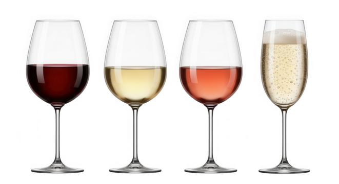Four wine glasses with red, white, rose, and sparkling wine isolated on transparent background