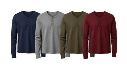Four long sleeve henley shirts in assorted colors isolated on transparent background