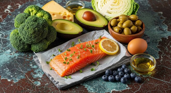 Variety of fresh healthy food items including salmon, broccoli, avocado, and cheese arranged on dark marbled kitchen counter