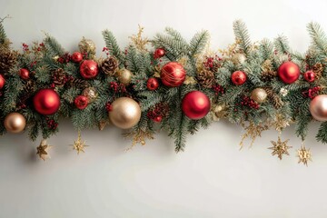 Festive christmas garland adorned with red and gold ornaments pinecones and sparkling star decorations on a neutral background