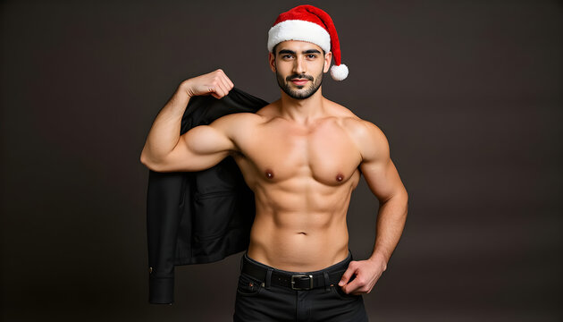 Sexy Shirtless Mascular  Santa - Gym with man with muscles and red hat for christmas