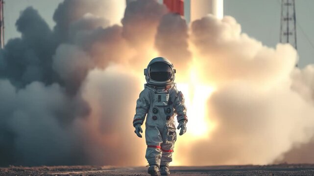 Child Astronaut Walking from Powerful Rocket Launch