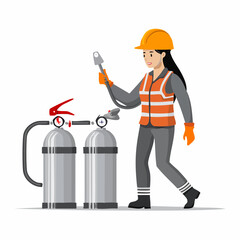 Female worker inspecting pressure gauges on gas cylinders in industrial setting, ensuring safety protocols are followed meticulously.