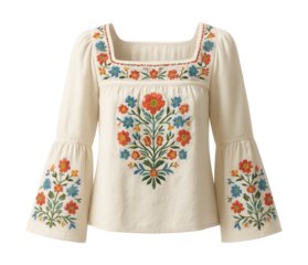 Embroidered peasant blouse featuring bell sleeves and a square neckline.