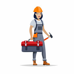 Smiling female construction worker carrying toolbox and hammer on construction site, ready to start repairs with a positive and confident attitude.