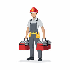 Smiling construction worker holding two red toolboxes while standing on a white surface, ready for a new project with a positive attitude.