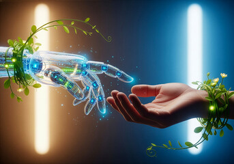 Futuristic Robotic Hand Holding Green Plant: AI and Sustainable Nature Concept
