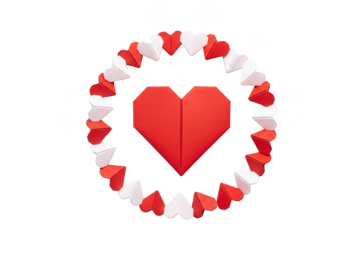Origami heart with paper hearts isolated on transparent background