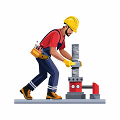 Construction worker assembling metal structure on industrial site wearing safety gear and using tools with focused determination.