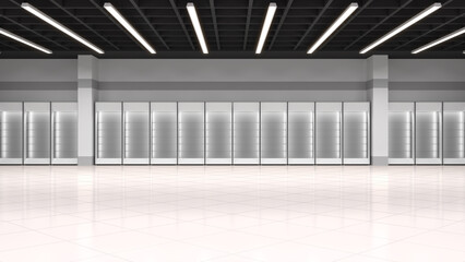Large empty commercial hall with blank white shelving against the wall. 3d illustration