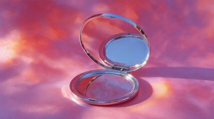 Close-up of a compact mirror on a pink and orange background. the mirror is round and has a silver frame with a curved top. the lid of the mirror is open, revealing the contents inside.