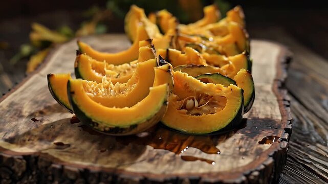Sliced and roasted kabocha squash arranged artistically on a rustic wooden board with subtle lighting