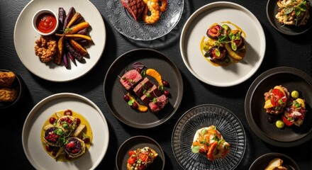 Various gourmet dishes and appetizers on dark restaurant table, featuring a diverse culinary tasting menu