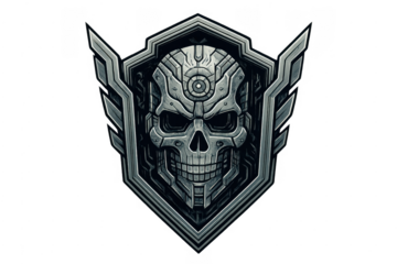 Metallic cyborg skull emblem with shield and wings