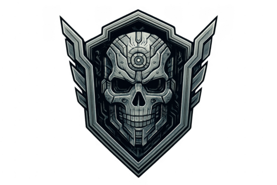 Metallic cyborg skull emblem with shield and wings - Powered by Adobe