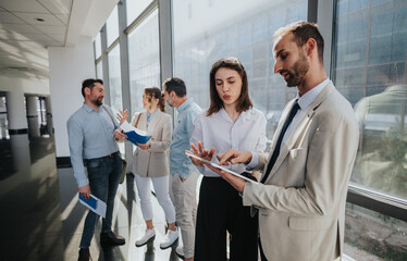 A diverse team of professionals stands in a bright, contemporary corridor by floor-to-ceiling windows, reviewing papers and a tablet as they collaborate on a project.