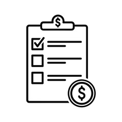 Clipboard with checklist and dollar coin isolated on white background