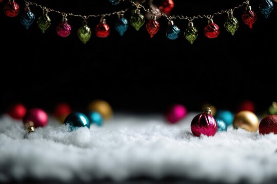 Festive christmas ornaments and colorful lights dangle above a snowy ground with more decorations