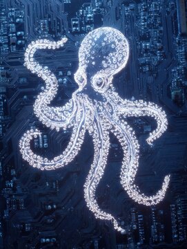 Glowing Circuit Tentacles Create an Octopus Design Over Dark Motherboard Texture Showcasing High Tech Aesthetics