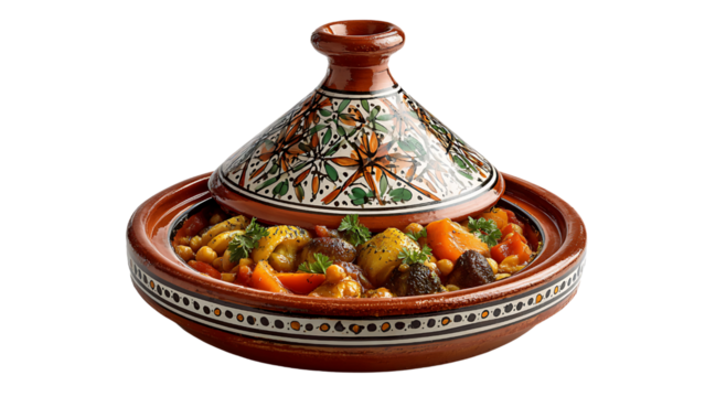 Moroccan Tagine Dish Filled with Stew and Decorated Lid graphic image isolated on a transparent background