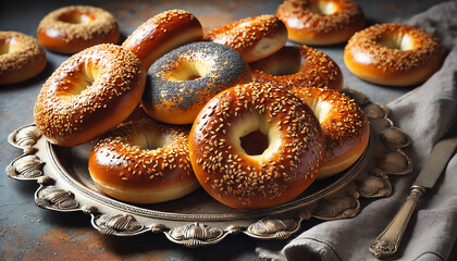 A close-up photograph of freshly baked bagels, golden brown with a glossy surface