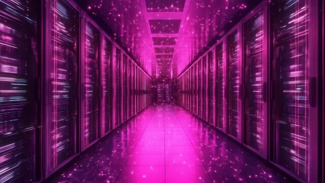 Server room corridor with pink hues and glowing light effects