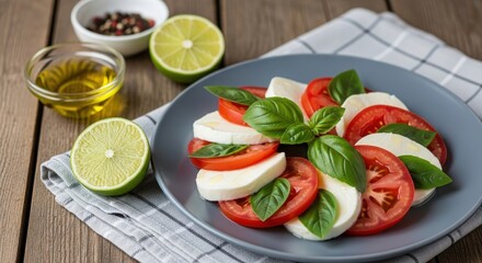 Delicious caprese salad with fresh mozzarella, red tomatoes, green basil on grey plate on wooden table